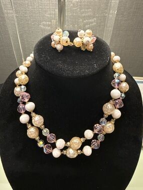 Vintage Vendome Parure Pink Aurora Borealis Faux Pearl Necklace and Earrings set